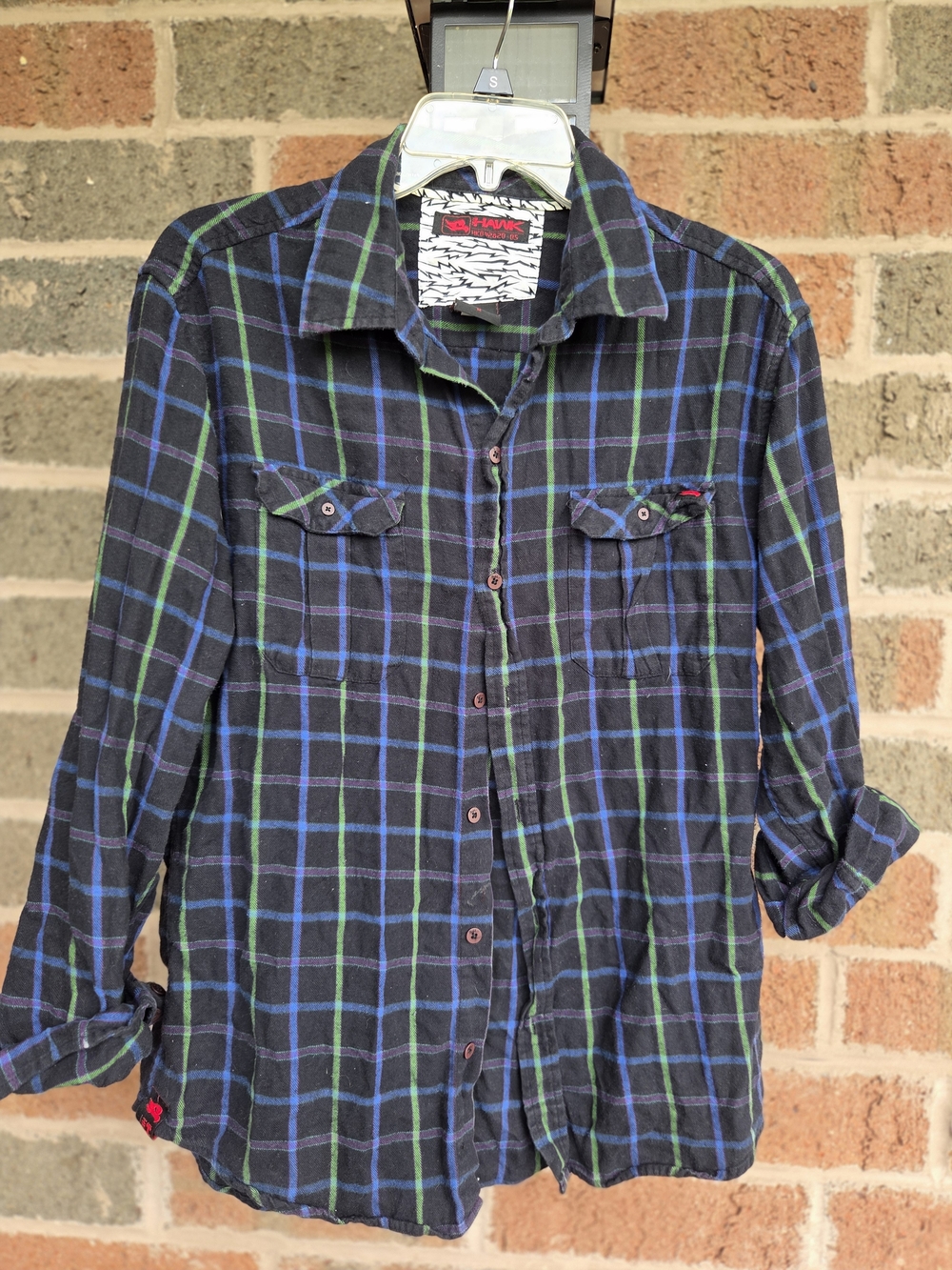 Tony Hawk Black Plaid Button-Down Shirt with Blue & Green Windowpane